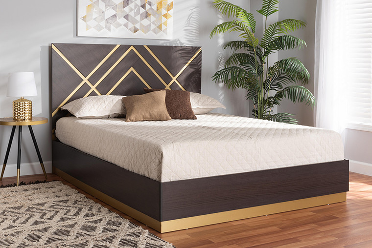 Baxton Studio Arcelia Contemporary Glam And Luxe Two-Tone Dark Brown And Gold Finished Wood Queen Size Platform Bed SEBED13032026-Modi Wenge/Gold-Queen