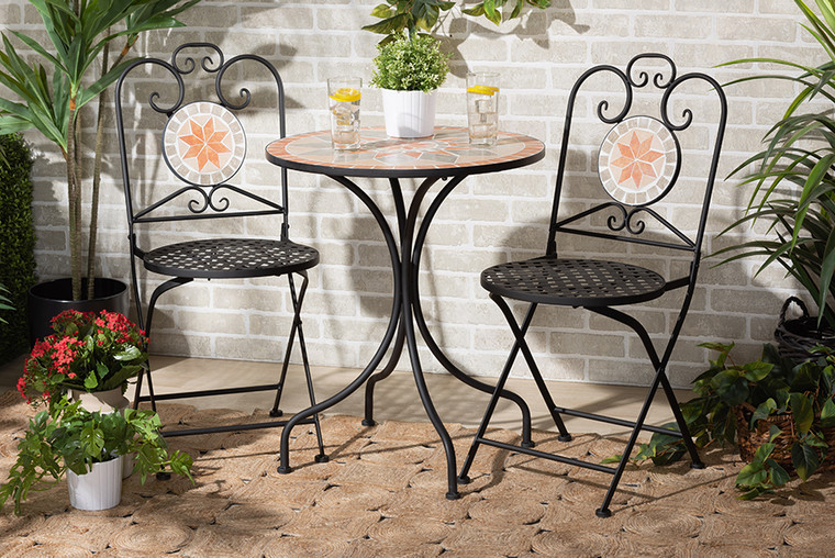 Baxton Studio Santina Modern And Contemporary Multi-Colored Ceramic Tile And Black Metal 3-Piece Outdoor Dining Sets H01-101305-Mosaic-3PC Set