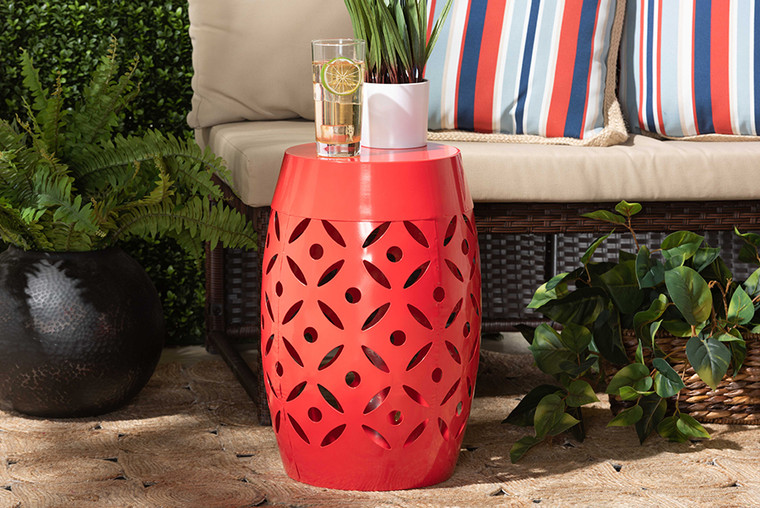 Baxton Studio Hallie Modern And Contemporary Red Finished Metal Outdoor Side Table H01-101371 Red Metal Side Table