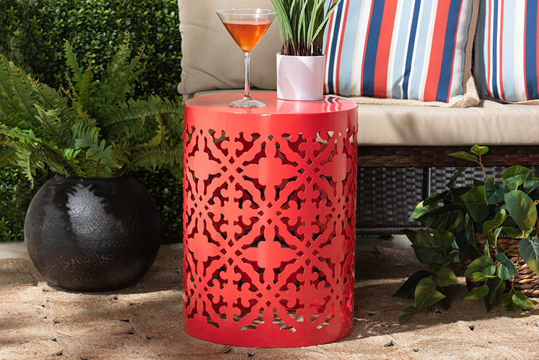 Baxton Studio Jamila Modern And Contemporary Red Finished Metal Outdoor Side Table H01-104258 Red Metal Side Table