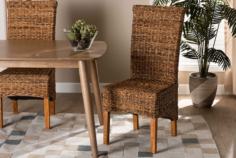 Baxton Studio Trianna Rustic Transitional Natural Abaca And Brown Finished Wood Dining Chair Florence Highback-Natural-DC