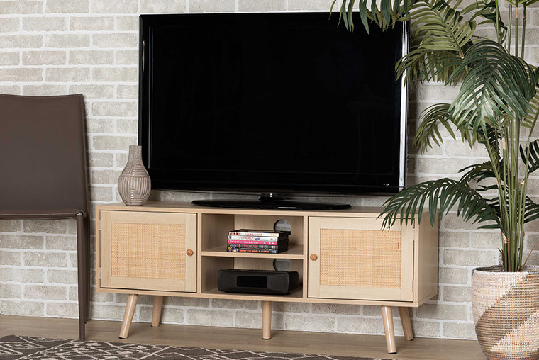 Baxton Studio Sebille Mid-Century Modern Light Brown Finished Wood 2-Door Tv Stand With Natural Rattan LCF19046-Rattan-TV Stand
