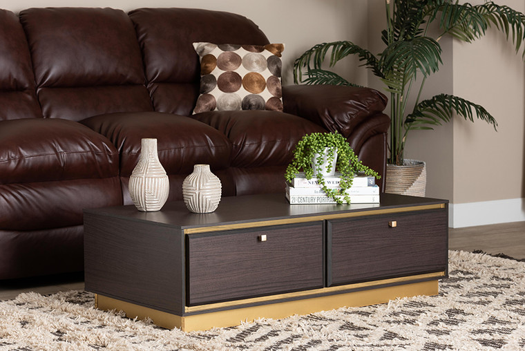 Baxton Studio Cormac Mid-Century Modern Transitional Dark Brown Finished Wood And Gold Metal 2-Drawer Coffee Table LV28CFT28140-Modi Wenge-CT
