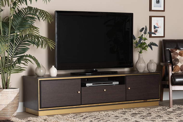 Baxton Studio Cormac Mid-Century Modern Transitional Dark Brown Finished Wood And Gold Metal 2-Door Tv Stand LV28TV28120-Modi Wenge-TV