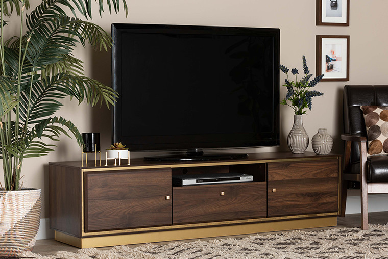 Baxton Studio Cormac Mid-Century Modern Transitional Walnut Brown Finished Wood And Gold Metal 2-Door Tv Stand LV28TV28120-Walnut-TV