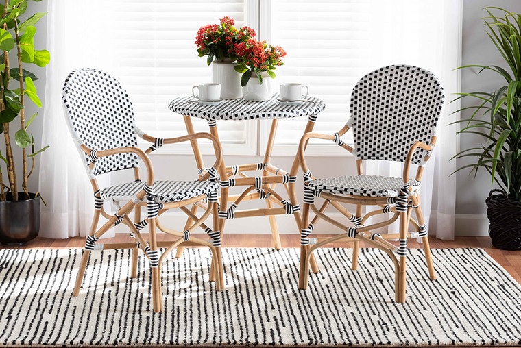 Baxton Studio Naila Classic French Black And White Weaving And Natural Brown Rattan 2-Piece Dining Chair Set DC613-Rattan-DC Arm