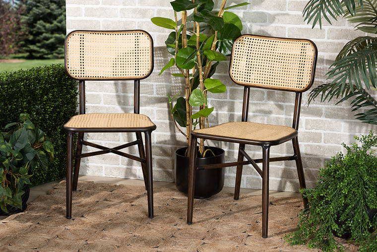 Baxton Studio Katina Mid-Century Modern Dark Brown Finished Metal And Synthetic Rattan 2-Piece Outdoor Dining Chair Set WA-33004-Natural/Dark Brown-DC