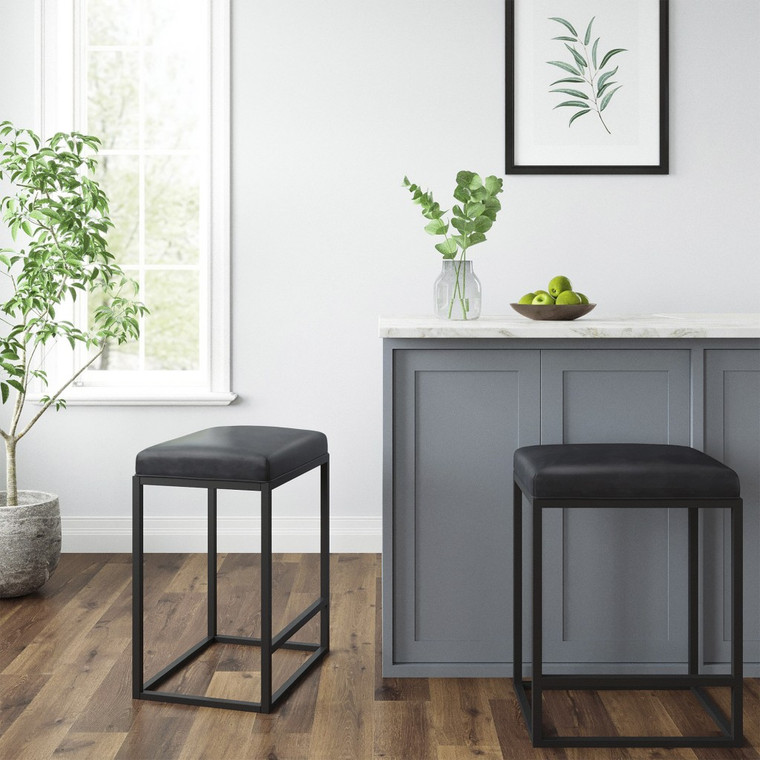 Homeroots Set Of Two Modern Geo Black Leather Bar Stools 400719