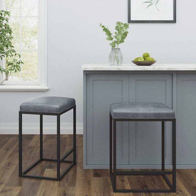 Homeroots Set Of Two Modern Geo Grey Leather Bar Stools 400721