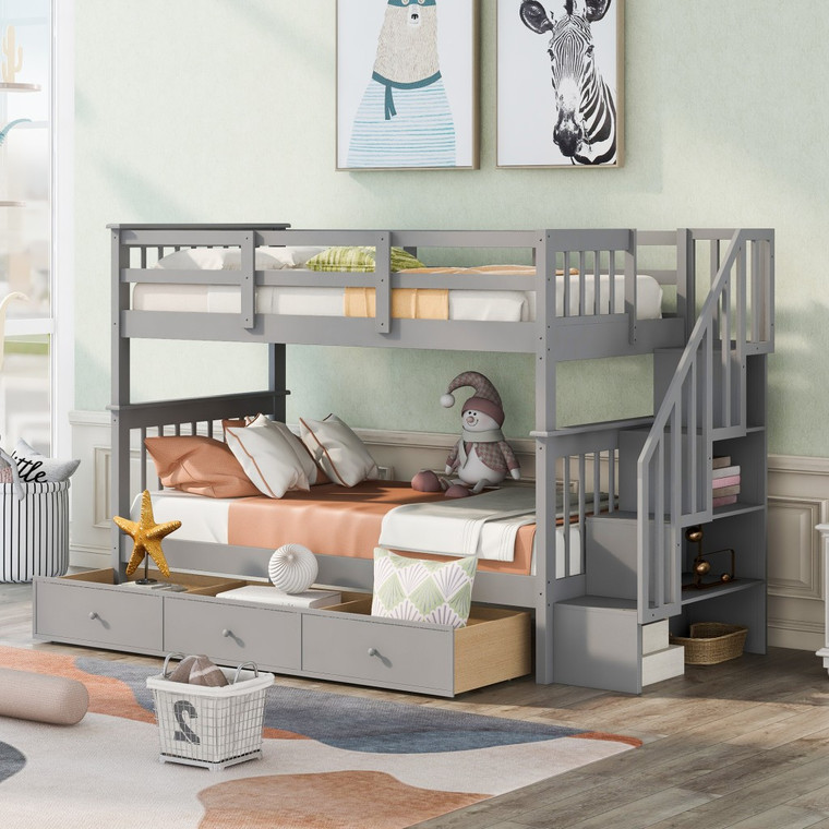 Homeroots Gray Twin Over Twin Bunk Bed With Stairway And Drawers 404035