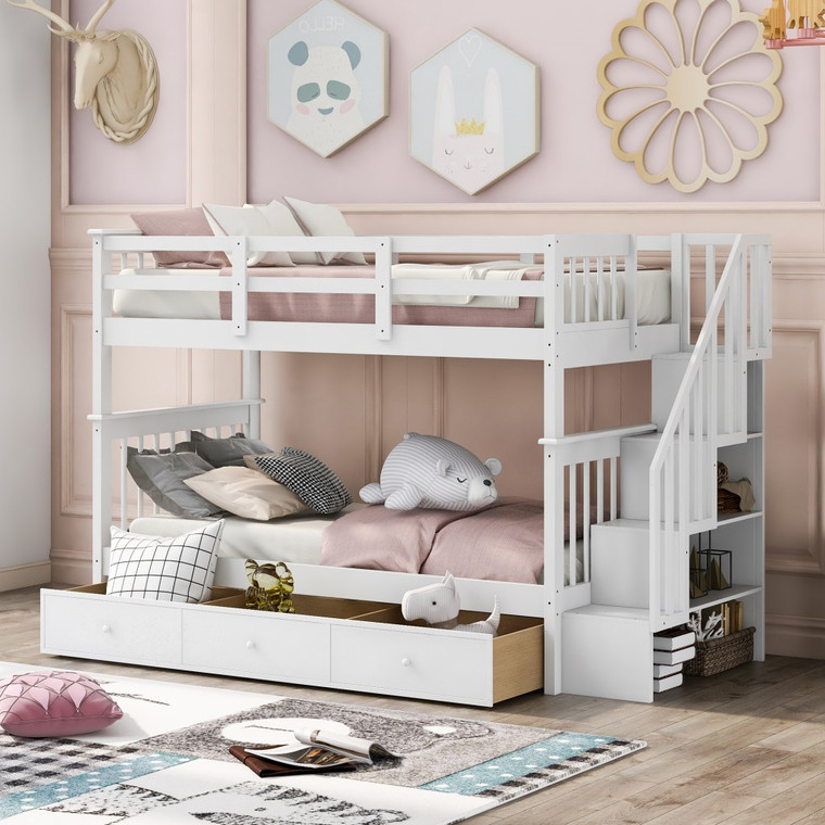 Homeroots White Twin Over Twin Bunk Bed With Stairway And Drawers 404036