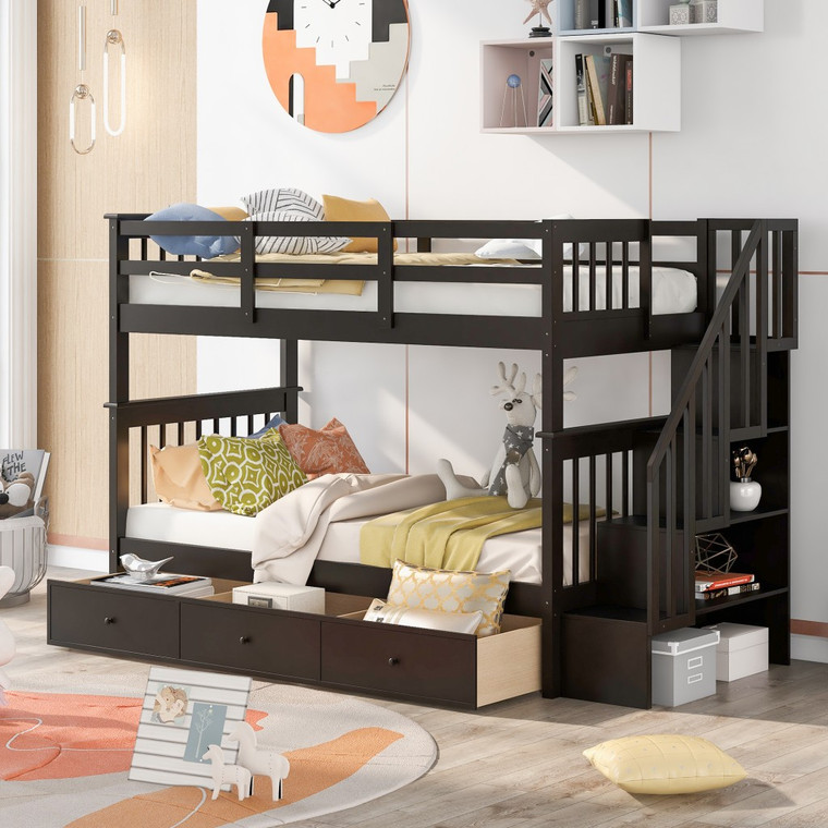 Homeroots Espresso Twin Over Twin Bunk Bed With Stairway And Drawers 404037