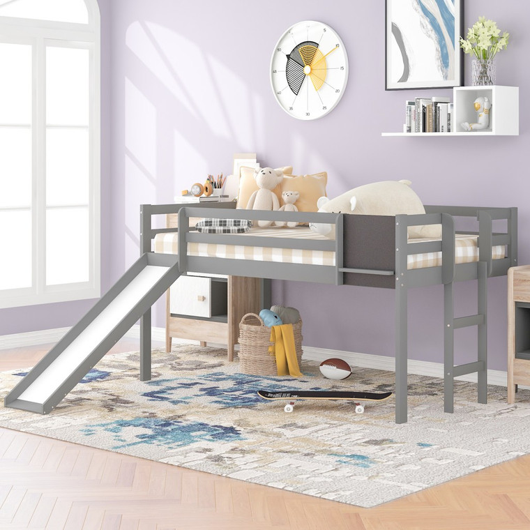 Homeroots Gray Twin Loft Bed Bed Chalkboard And Slide 404202
