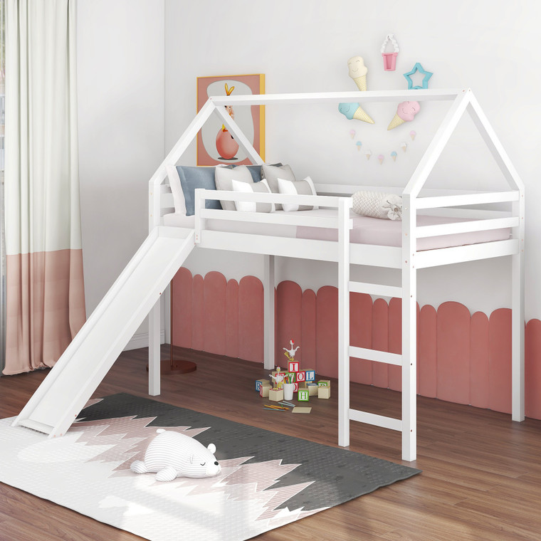 Homeroots White Twin Size Slide House Loft Bed 404214