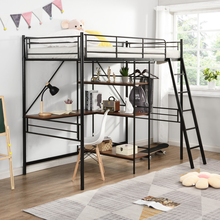 Homeroots Black Twin Size Metal Loft Bed With Desk And Shelves 404219