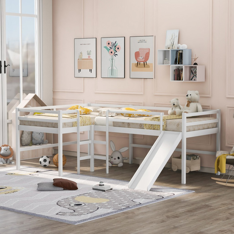 Homeroots White L Shaped Double Twin Low Loft Beds With Slide 404248