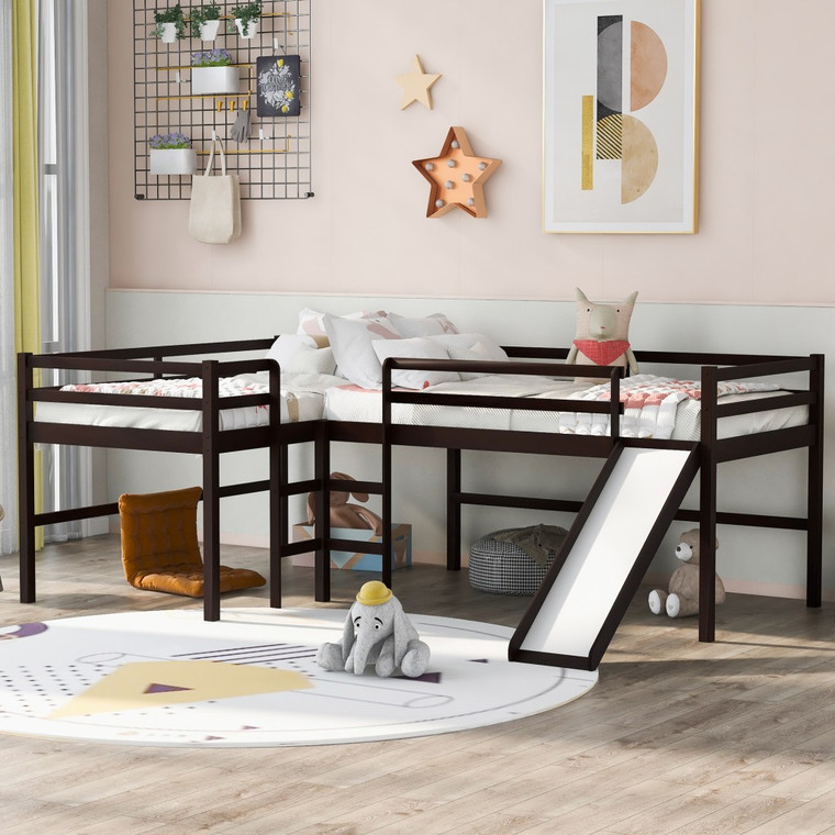Homeroots Dark Brown L Shaped Double Twin Low Loft Beds With Slide 404249