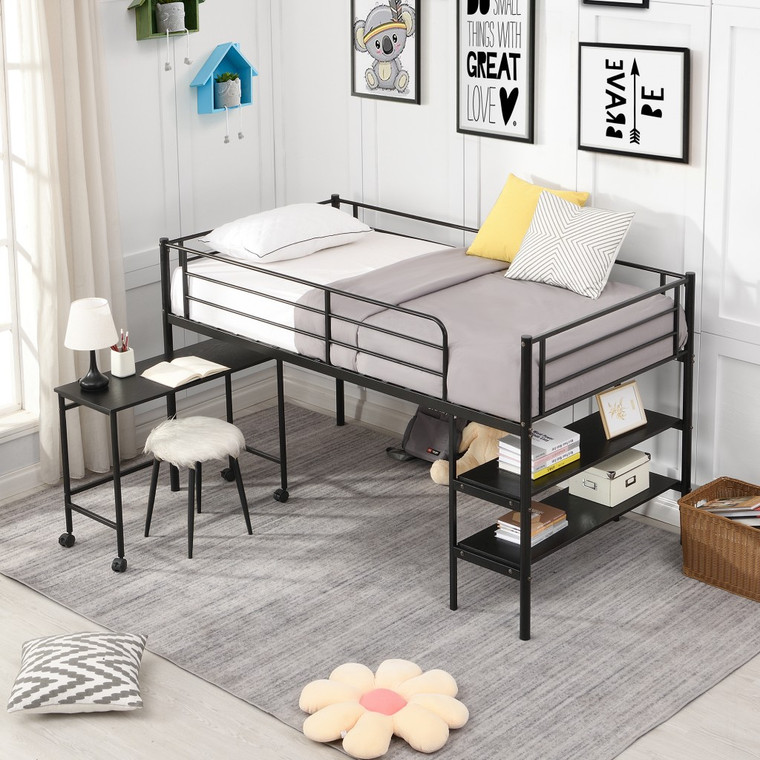 Homeroots Mod Black Twin Size Metal Loft Bed With Book Shelf And Roll Out Desk 404255