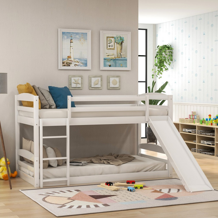 Homeroots White Twin Over Twin Low Bunk Bed With Slide 403901