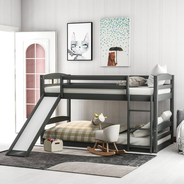 Homeroots Gray Twin Over Twin Low Bunk Bed With Slide 403903