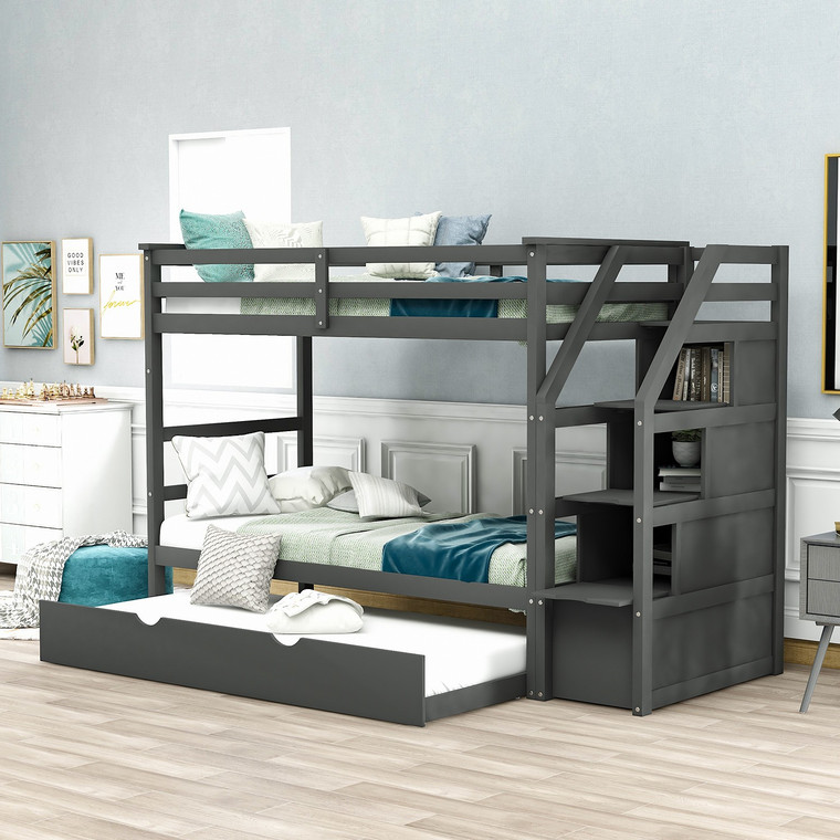 Homeroots Gray Twin Over Twin Bunk Bed With Trundle 403909