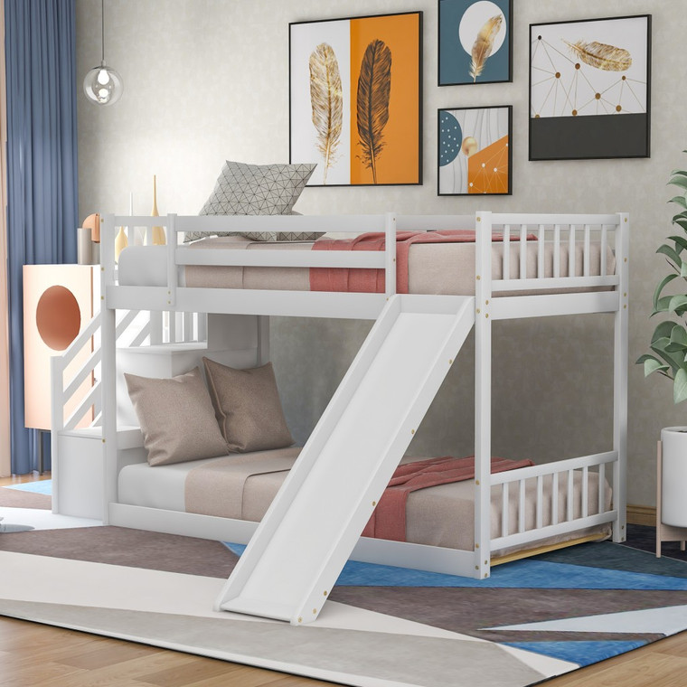 Homeroots White Twin Over Twin Bunk Bed With Stairway And Slide 403914