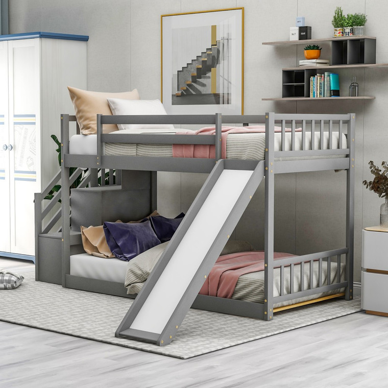 Homeroots Gray Twin Over Twin Bunk Bed With Stairway And Slide 403915