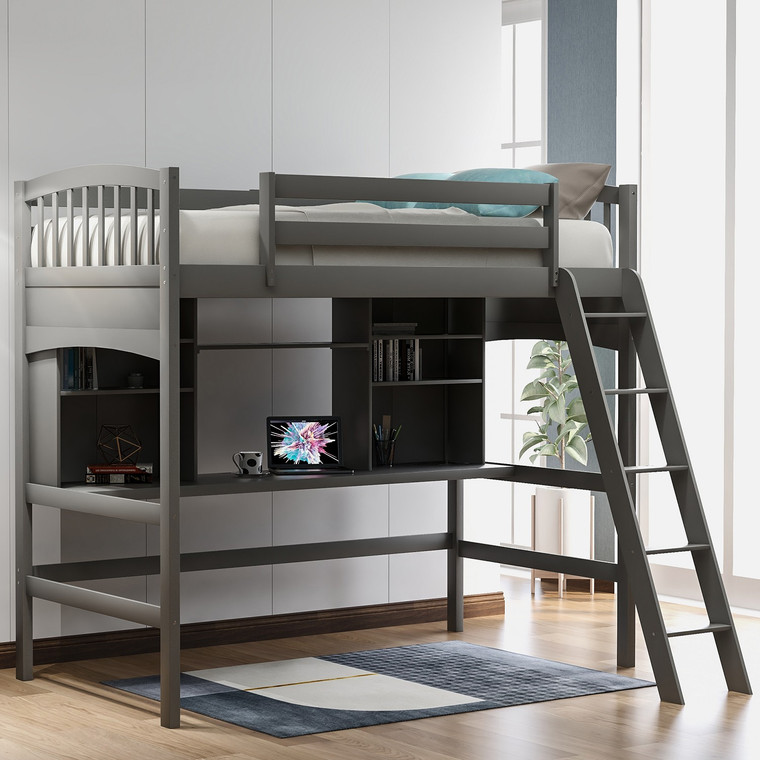 Homeroots Gray Twin Size Loft Bed With Desk And Shelves 404068