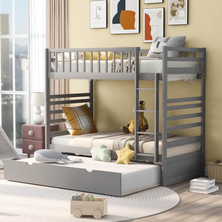 Homeroots Gray Twin Over Twin Solid Wood Bunk Bed With Trundle 404145