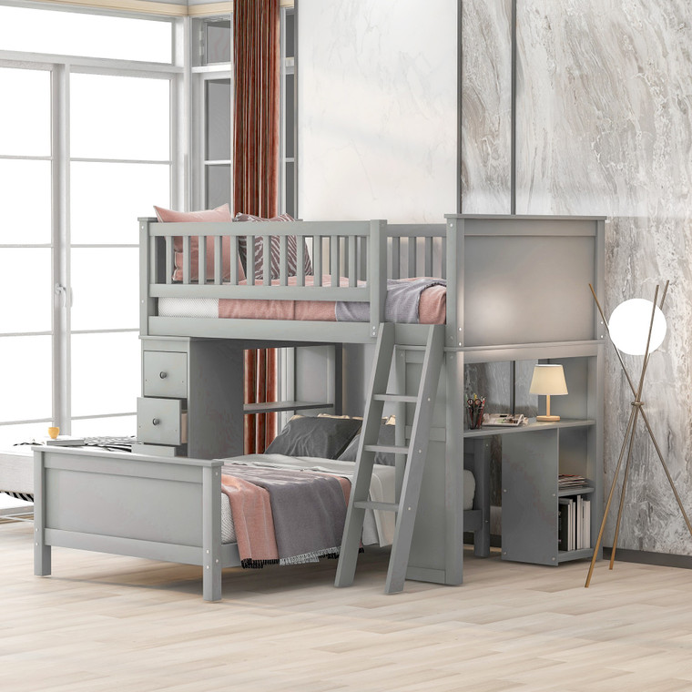 Homeroots Gray Twin Over Twin Size Bed With Shelves And Drawers 404173