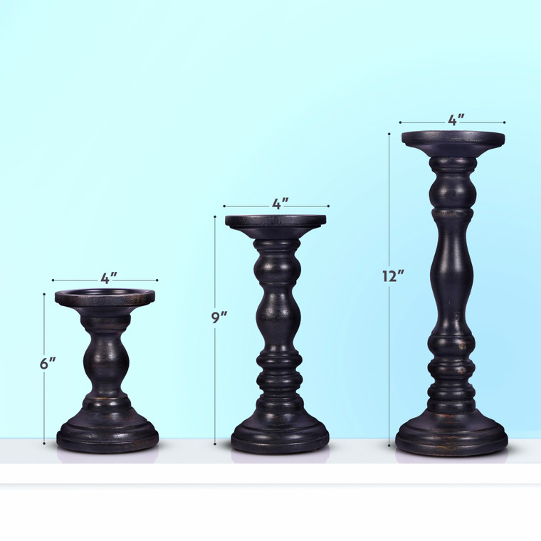 Homeroots Set Of Three Matte Black Genuine Wood Hand Carved Pillar Candle Holders 473127