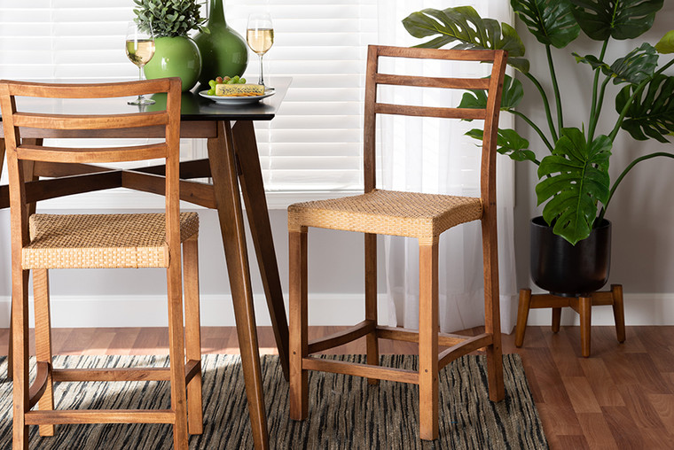 Baxton Studio Arthur Mid-Century Modern Walnut Brown Mahogany Wood and Natural Rattan Counter Stool Arthur-Teak-CS