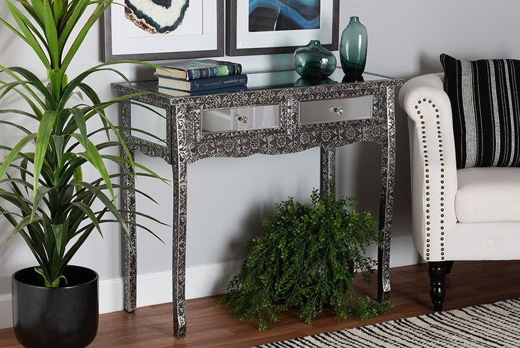 Baxton Studio Wycliff Industrial Glam And Luxe Silver Finished Metal And Mirrored Glass 2-Drawer Console Table JY20B141-Silver-Console