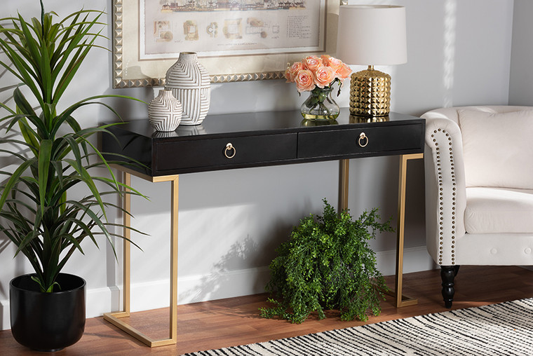 Baxton Studio Beagan Modern And Contemporary Black Finished Wood And Gold Metal 2-Drawer Console Table JY20B168-Black/Gold