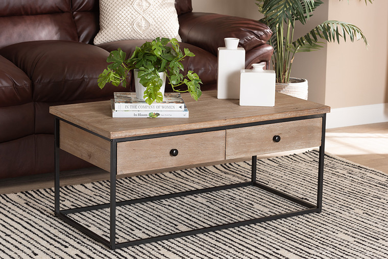 Baxton Studio Roderick Modern And Contemporary Weathered Oak Finished Wood And Black Metal 2-Drawer Coffee Table LCF20257A-Wood/Table-CT
