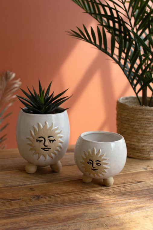 Set Of Two Ceramic Sun Face Planters With Ball Feet CDV2133 By Kalalou