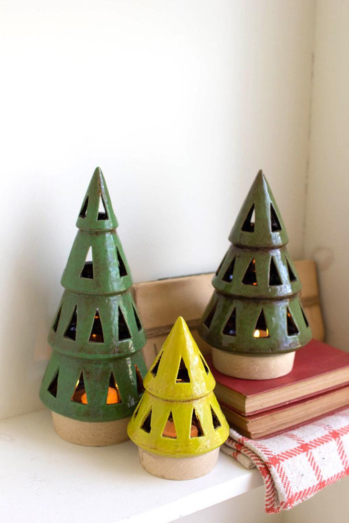 Set Of Three Ceramic Christmas Tree Lanterns CDV2142 By Kalalou