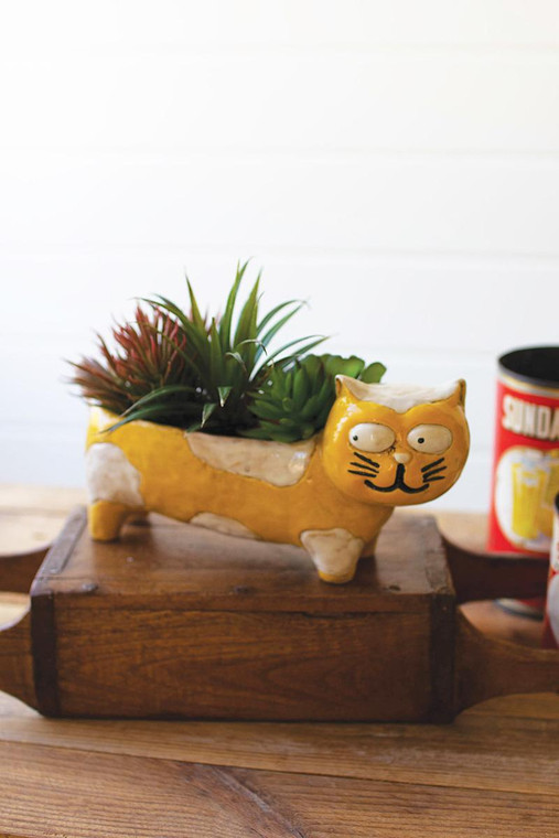 Ceramic Yellow And White Cat Planter CDV2156 By Kalalou