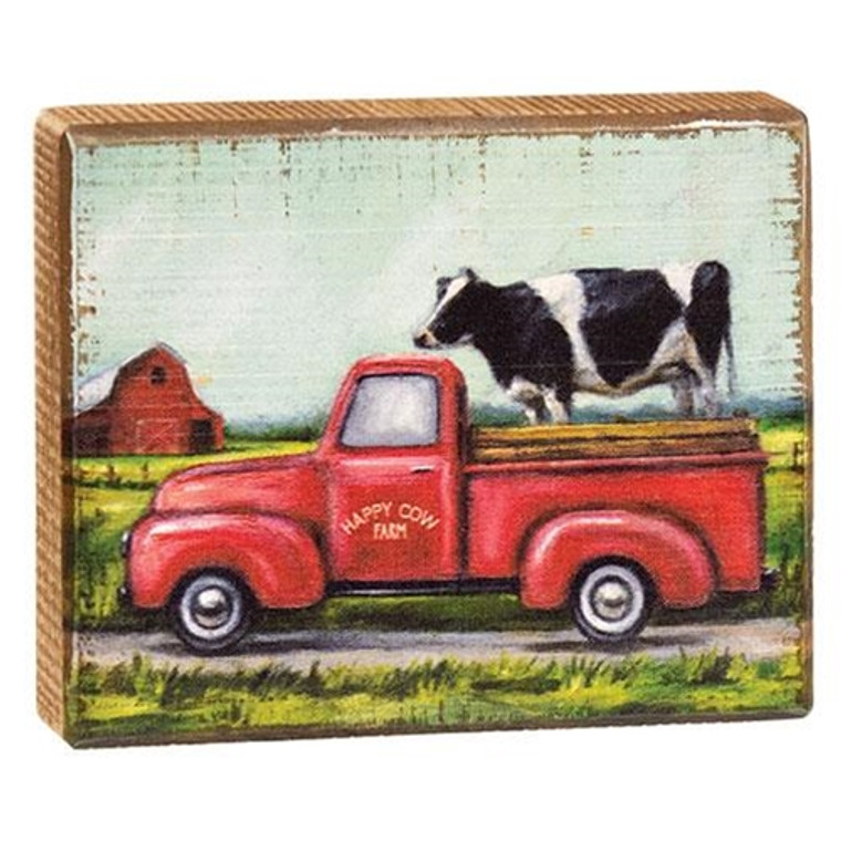 Happy Cow Farm Truck Distressed Block G111695 By CWI Gifts