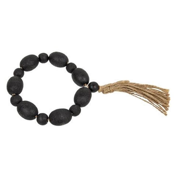 *Black Distressed Wood Oval Bead Candle Ring W/Jute Tassel G36128 By CWI Gifts