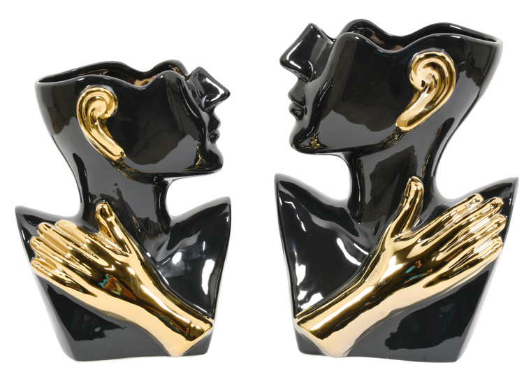 AFD Home 12021202 Abstract Torso Vases Black With Gold Accents Set Of 2