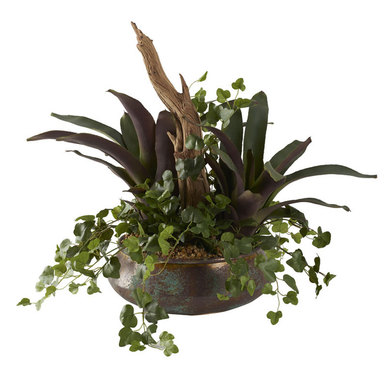 Pineapple Leaf Plants With Ghostwood Branch In Round Metal Planter 212091 By DW Silks