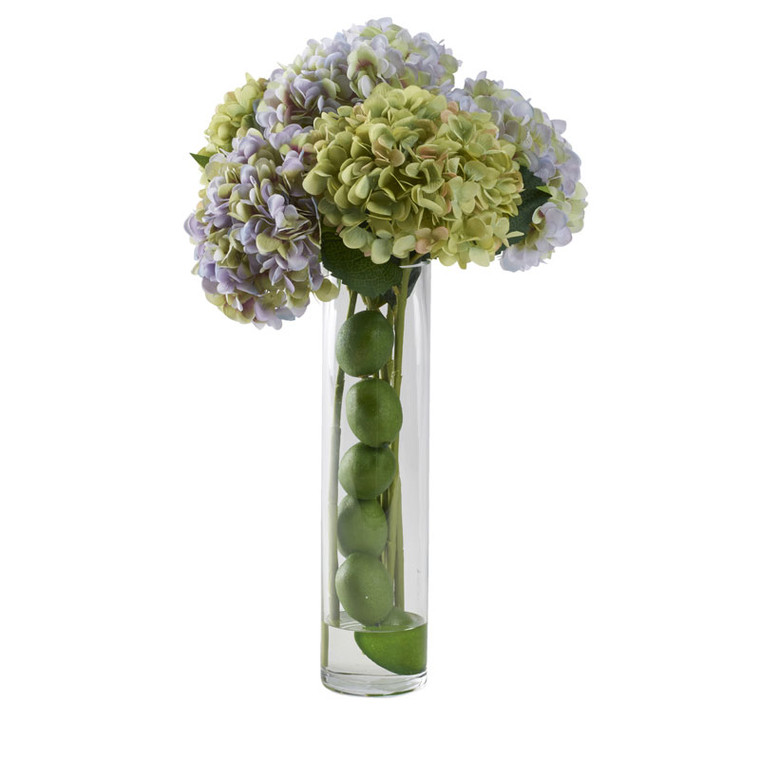 Green And Violet Hdrangeas With Limes In Tall Glass Vase 212214 By DW Silks