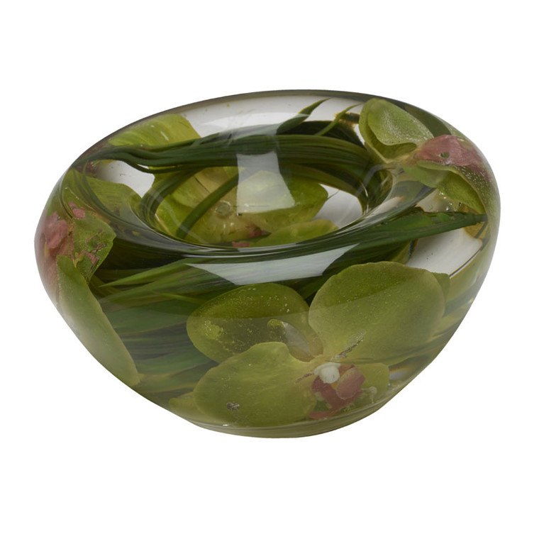 Green Cymbidium Orchids In Glass Reverse Bubble Bowl 212222 By DW Silks