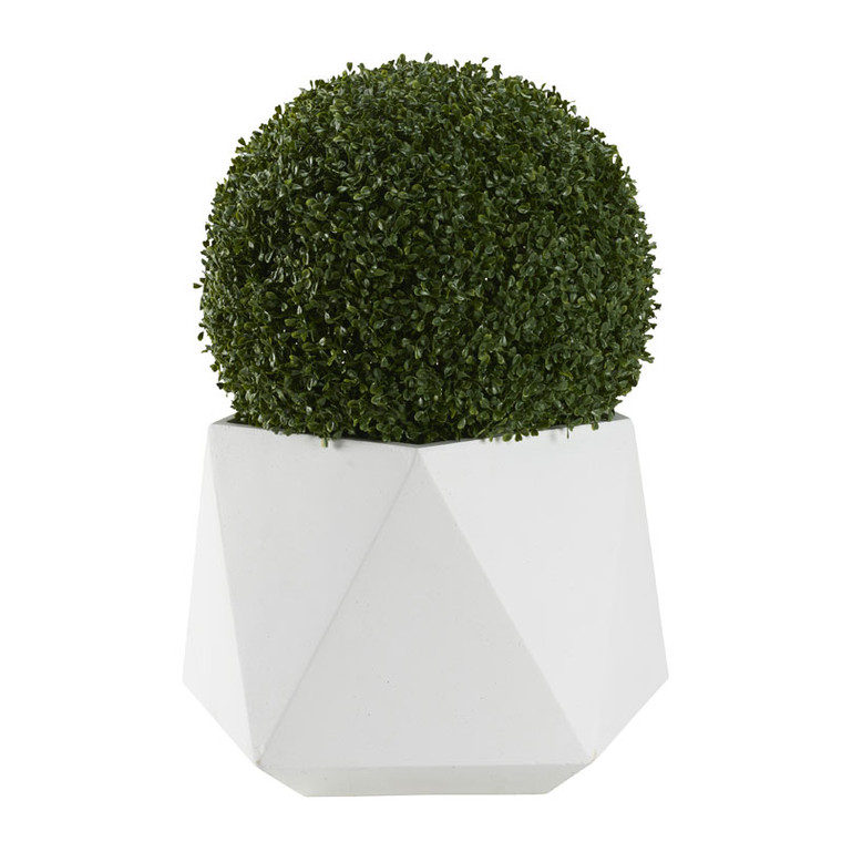 28" Boxwood Ball In Large White Geometric Planter 321237 By DW Silks