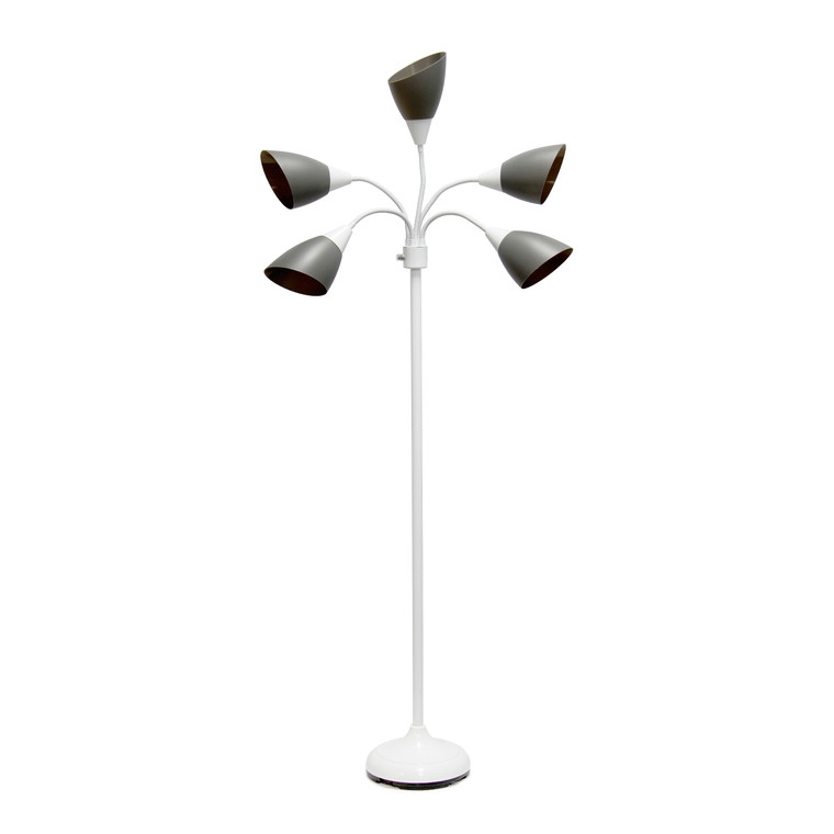 Simple Designs 5 Light Adjustable Gooseneck White Floor Lamp With Gray Shades LF2006-GOW