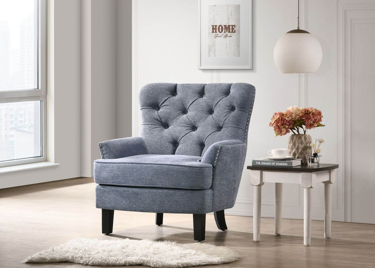 Homeroots Feathered Blue Tufted Nailhead Trim Wing Chair 400976