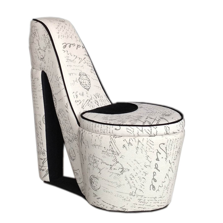 Homeroots Glam Black And White All Over French Postcard High Heel Shoe Shaped Storage Chair 470309