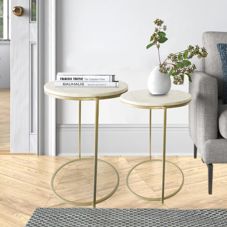 Homeroots Set Of Two White Marble And Gold Geo Circle Nesting End Tables 475894