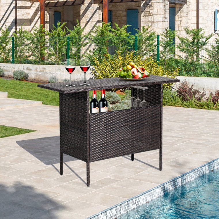 Outdoor Wicker Bar Table With 2 Metal Mesh Shelves HW70304